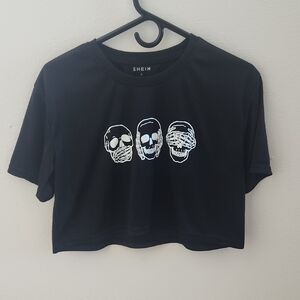 SHEIN Black Cropped Tee with White Skull Design